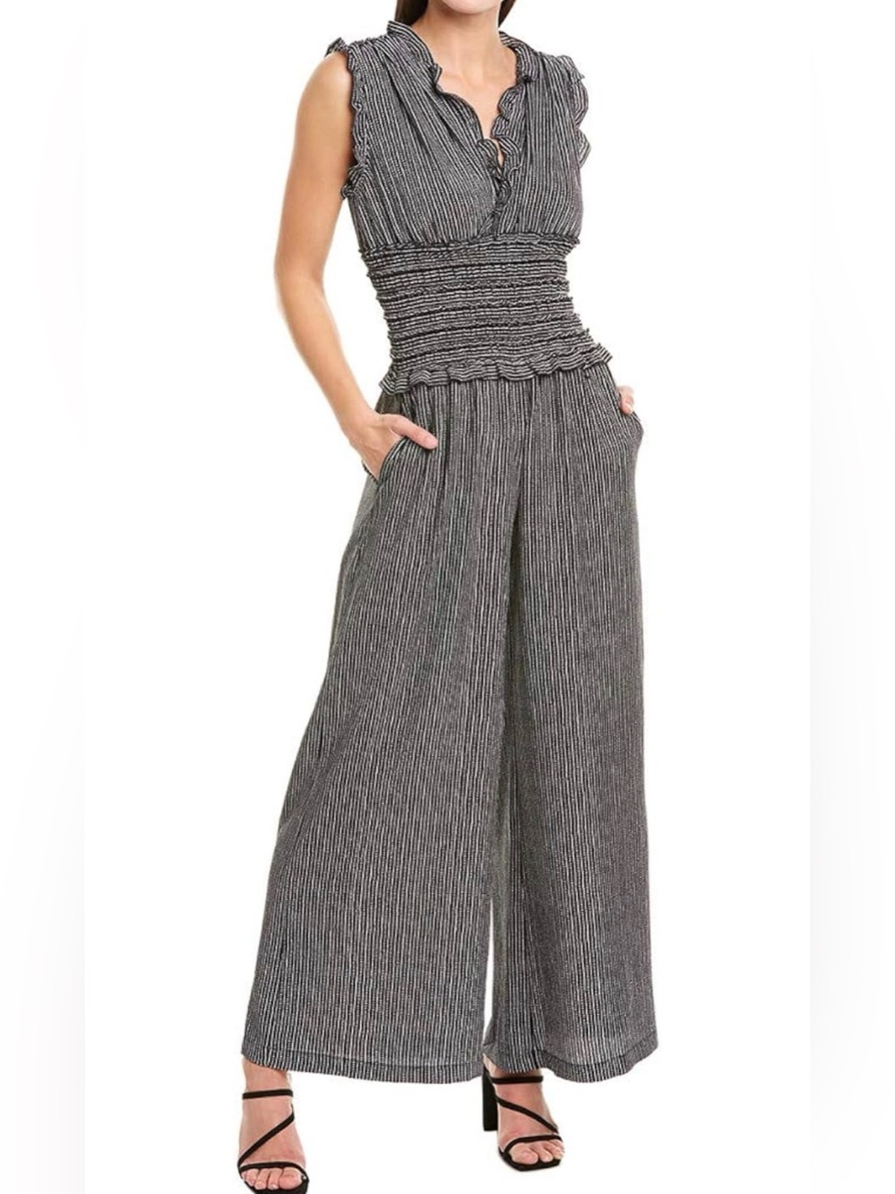 Max Studio Smocked Ruffle Wide-Leg Jumpsuit - Black